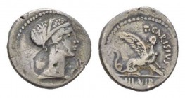 T. Carisius. Denarius circa 46, AR 18.5mm., 2.88g. Head of Sybil r. Rev. T·CARISIVS Sphynx r.; in exergue, III·VIR. Babelon Carisia 11. Sydenham 983a....