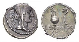 C. Cassius and Lentulus Spint. mint moving with Brutus and Cassius 43-42 Denarius circa undate, AR 18mm., 3.69g. C·CASSI·IMP C·CASSI·IMP LEIBERTAS Dia...