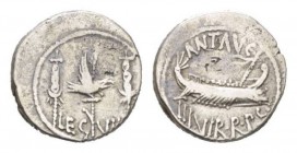 Marcus Antonius. Denarius circa mint moving with M. Antony 32-31,, AR 18.5mm., 3.34g. ANT AVG – III·VIR·R·P·C Galley r., with sceptre tied with fillet...