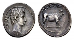 Octavian as Augustus, 27 BC – 14 AD Denarius Samos (?) Ioniae circa 21-20 BC, AR 19.5mm., 3.54g. CAESAR Bare head r. Rev. AVGVSTVS Bull standing r. C ...