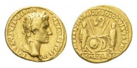 Octavian as Augustus, 27 BC – 14 AD Aureus Lugdunum circa 2 BC-4 AD, AV 20mm., 7.76g. Laureate head r. Rev. Caius and Lucius Caesares standing facing ...