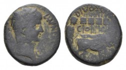 Nero, 54-68 Bronze Akko-Ptolemais (Phoenicia), Æ 22mm., 1319g. Laureate head r.; before, star and crescent. Rev. Togate colonist plowing right with tw...