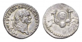 Vespasian, 69-79 Denarius circa 80-81, AR 18mm., 3.37g. DIVVS AVGVSTVS VESPASIANVS Laureate bust r. Rev. SC inscribed on shield supported by two capri...