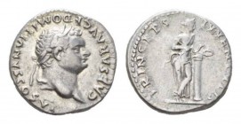 Domitian as Caesar, 69-81 Denarius circa 79, AR 18mm., 3.41g. CAESAR AVG F DOMITIANVS COS VI Laureate head to r. Rev. PRINCEPS IVVENTVTIS Salus standi...