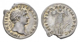 Trajan, 98-117 Denarius circa 107-108, AR 18.5mm., 3.05g. IMP TRAIANO AVG GER DAC PM TR P laureate head to right of Trajan with drapery on far shoulde...