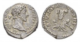 Commodus, 177-192 Denarius circa 180, AR 18mm., 3.46g. M COMMODVS ANTONINVS AVG Laureate head right. Rev. TR P V IMP IIII COS II P P Trophy between ca...