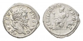 Septimius Severus, 193-211 Denarius circa 209, AR 20mm., 3.28g. SEVERVS PIVS AVG Laureate head r. Rev. RESTITVTOR VRBIS Roma seated l. on shield, hold...