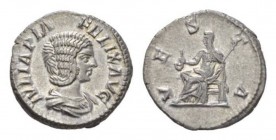Julia Domna, wife of Septimius Severus Denarius circa 211 - 217, AR 18.5mm., 3.13g. IVLIA PIA FELIX AVG Draped bust right. Rev. VESTA Vesta seated lef...