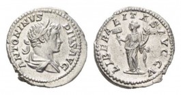Caracalla, 198-217 Denarius circa 201 - 206, AR 19mm., 3.59g. ANTONINVS PIVS AVG Laureate and draped bust right. Rev. LIBERALITAS AVGG V Liberalitas s...