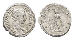 Geta as Caesar, 198-209 Denarius circa 209, AR 19mm., 3..26g. P SEPTIMIVS GETA CAES Bare head r. Rev. PONTIF COS II. Genius standing left, sacrificing...