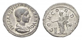 Aquilia Severa, wife of Elagabalus Denarius circa 220, AR 20mm., 2.88g. IVLIA AQVILIA SEVERA AVG Draped bust r. Rev. CONCORDIA Concordia standing l., ...
