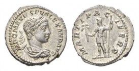 Severus Alexander, 222-235 Denarius circa 222, AR 19mm., 2.56g. IMP C M AVR SEV ALEXAND AVG Laureate, draped and cuirassed bust r. Rev. MARTI PACIFERO...