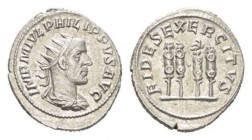 Philip I, 244-249 Antoninianus circa 247-249, AR 22mm., 4.87g. IMP PHILIPPVS AVG, radiate draped and cuirassed bust r. Rev. FIDES EXERCITVS Four stand...