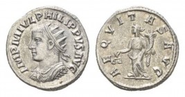 Philip II, 247-249 Antoninianus Antioch circa 247-248, AR 20.5mm., 4.00g. IMP M IVL PHILIPPVS AVG Radiate, draped, and cuirassed bust l. Rev. AEQVITAS...