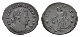 Maximinus II, 309-313 Follis Trier, Æ 22mm., 4.43g. IMP MAXIMINVS P F AVG Laureate and cuirassed bust r. Rev. GENIO POP ROM / T - F / PTR Genius stand...