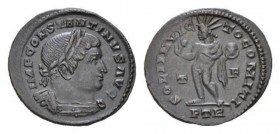 Constantine I, 307-337 Follis Trier, Æ 22mm., 4.07g. CONSTANTINVS PF AVG, laureate and cuirassed bust right. Rev. SOLI INVICTO COMITI, Sol standing fa...