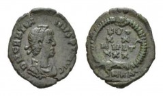 Gratian, 367-383 Æ4 Constantinople circa 378 - 383, Æ 13.5mm., 1.03g. D N GRATIANVS PF AVG Pearl-diademed, draped, and cuirassed bust righ. Rev. VOT/X...