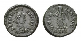 Valentinian II, 375-392 Æ4 Siscia circa 384-387, Æ 14mm., 1.27g. D N VALENTINIANVS PF AVG Diademed, draped and cuirassed bust right. Rev. VICTORIA AVG...