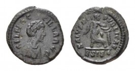 Aelia Flaccilla, wife of Theodosius I Æ2 Siscia, Æ 14mm., 1.26g. AEL FLACILLA AVG Diademed and draped bust right. Rev. SALVS REI PVBLICAE Victory seat...