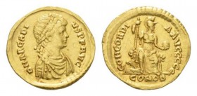 Arcadius, 383-408 Solidus Constantinopolis circa 383-384, AV 21mm., 4.35g. D N ARCADI – VS P F AVG Pearl-diademed, draped and cuirassed small bust r. ...