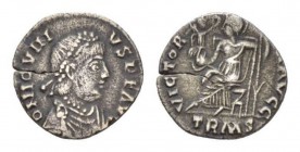 Jovinus, 411-413 Siliqua Trier circa 411-413, AR 15.5mm., 1.11g. D N IOVINVS PF AVG Pearl diademed bust r. Rev. VICTORIA AVGG Roma seated l., holding ...