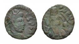 Johannes, 423-425 Æ4 circa 423-425, Æ 11mm., 0.95g. Pearl-diademed, draped and cuirassed bust r. Rev. Victory advancing l. holding trophy over shoulde...
