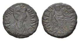 Aelia Verina, wife of Leo I Æ2 Constantinopolis circa 468-473, Æ 19.5mm., 3.58g. AEL VERINA AVG Pearl-diademed and draped bust right. Rev. Victory sea...