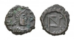 Zeno II reign, 476-491 Æ4 Cyzicus circa 476-491, Æ 10.5mm., 0.98g. D N ZENO P F AVG Diademed, draped and cuirassed bust r. Rev. Monogram within wreath...