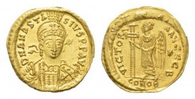 Anastasius I, 491 -518 Solidus 497-518, AV 20.5mm., 4.19g. D N ANASTA – SIVS PP AVG Helmeted, pearl-diademed and cuirassed bust facing three-quarters ...