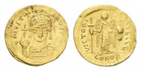 Justinian I, 527 – 565 Solidus 538-545, AV 20.5mm., 4.37g. D N IVSTINI – ANVS P P AVG Helmeted, pearl-diademed and cuirassed bust facing, holding spea...