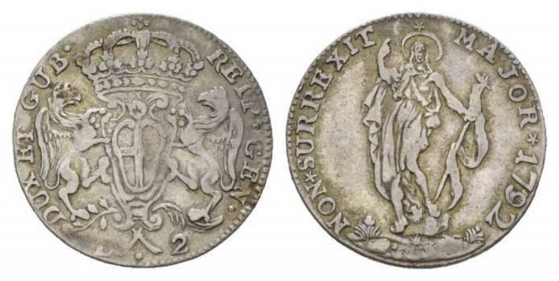 Genova, The Biennial Doges. 1528-1797. 2 lire 1792, AR 30.5mm., 8.21g. Crowned c...