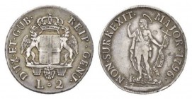 Genova, The Biennial Doges. 1528-1797. 2 lire 1796, AR 27.5mm., 8.05g. Crowned coat-of-arms. Rev. S. Giovanni Battista standing facing on rock set on ...
