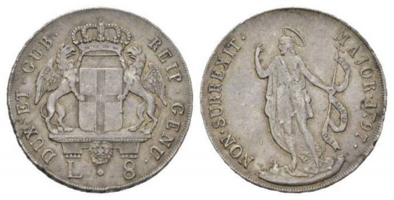 Genova, The Biennial Doges. 1528-1797. 8 lire 1797, AR 41mm., 33g. Crowned coat-...