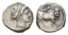 Campania, Neapolis Didrachm 300-275, AR 20.5mm., 7.31g. Head of Parthenope r; behind ΛE. Rev. Man-headed bull r., crowned by Nike. In exergue, NEOΠOΛI...