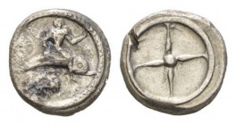 Calabria, Tarentum Nomos 480-470, AR 17mm., 7.59g. TARAS (retrograde) Phalanthosriding dolphin r., raising l. hand. Below, shell. Rev. Wheel of four s...