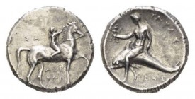 Calabria, Tarentum Nomos 281-270, AR 22mm., 7.63g. Pacing horse r., crowned by rider; in l. field, ΣA and below horse, AΡE / ΘΩN. Rev. TARAS Dolphin r...