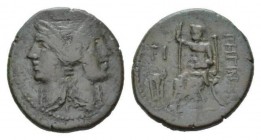 Bruttium, Rhegium Pentonkion 215-150, Æ 24.5mm., 10.10g. Janiform female head, wearing diadems and polos. Rev. PHΓINΩN Asklepios seated left, holding ...