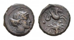 Sicily, Syracuse Bronze 405-400, Æ 14mm., 2.14g. Female head right; four X around. Rev. ΣYPA Hippocamp right; below, octopus and around three pellets....