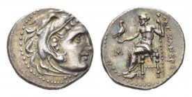 Kingdom of Macedon, Alexander III, 336 – 323 and posthumous issueMiletos (Ionia) Drachm 295-270, AR 18.5mm., 4.25g. Head of Herakles r., wearing lion ...
