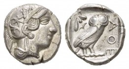 Attica, Athens Tetradrachm 430-420, AR 23.5mm., 17.03g. Head of Athena r., wearing crested helmet, earring and necklace; bowl ornamented with spiral a...