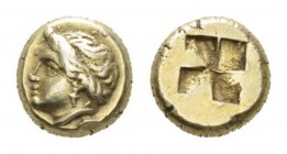 Ionia, Phocaea Hecte 387-326, EL 10mm., 2.54g. Ivy-wreathed head of youthful Pan, with small horns, l.; below neck truncation, seal. Rev. Quadripartit...