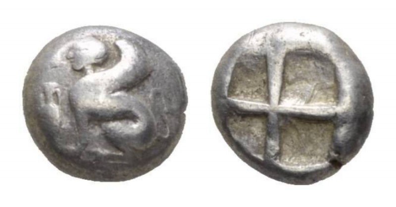 Island of Ionia, Chios Tetrobol 435-425, AR 10.5mm., 2.37g. Sphinx seated l.; to...