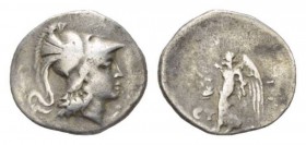 Pamphilia, Side Drachm 205-100, AR 20mm., 3.81g. Head of Athena r., wearing crested Corinthian helmet. Rev. Nike advancing l., holding wreath; in l. f...