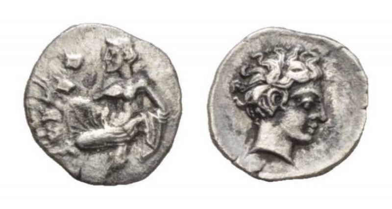 Cilicia, Tiribazos, 388-380Tarsos Hemiobol 388-380, AR 10mm., 0.52g. Nymph kneel...