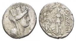 Phoenicia, Aradus Tetradrachm 64-63, AR 26.5mm., 14.97g. Turreted, veiled and draped bust of Tyche r. Rev. APAΔION Nike standing l. holding palm and a...