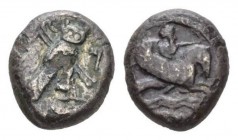 Phoenicia, Uncertain kingTyre Shekel 425-394, AR 16.5mm., 10.11g. Deity, holding reins and bow, riding hippocamp right above two lines of waves; below...