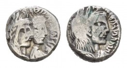 Kings of Nabathaea, Aretas IV, with Shaqilat 9 BC-AD 40Petra Drachm 20-40, AR 14mm., 4.34g. Laureate head of Aretas IV r. Rev. Jugate busts right of A...