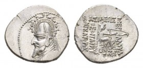 Parthia, Gotarzes I, 91-87Rhagae Drachm 91-87, AR 21mm., 4.11g. Bust l., wearing tiara (Sellwood type i). Rev. Archer (Arsakes I) seated on throne r.,...