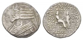 Parthia, Phraates IV, 38-2 BCSeleucia on the Tigris Tetradrachm 27 BC, AR 30.5mm., 14.09g. Diademed and draped bust l., wart on forehead, wearing poin...