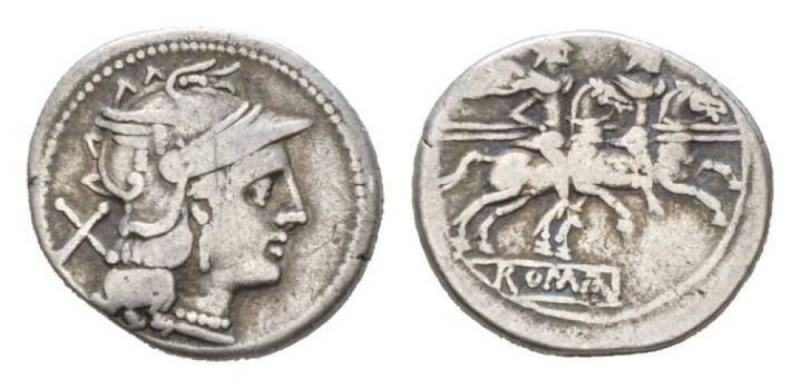 Denarius after 211, AR 19.5mm., 4.27g. Helmeted head of Roma r.; behind, X. Rev....